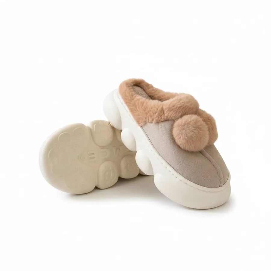 LEMCE Cloudstep beige plush fur slipper pair showing chunky EVA sole angled view
