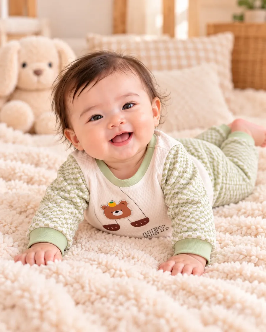 LEMCE Meadow Bear cream green textured cotton baby suit on smiling infant full body view