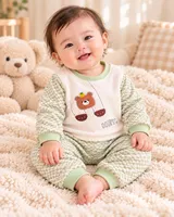 LEMCE Meadow Bear green checked cotton baby suit with bear appliqué, full front view on infant