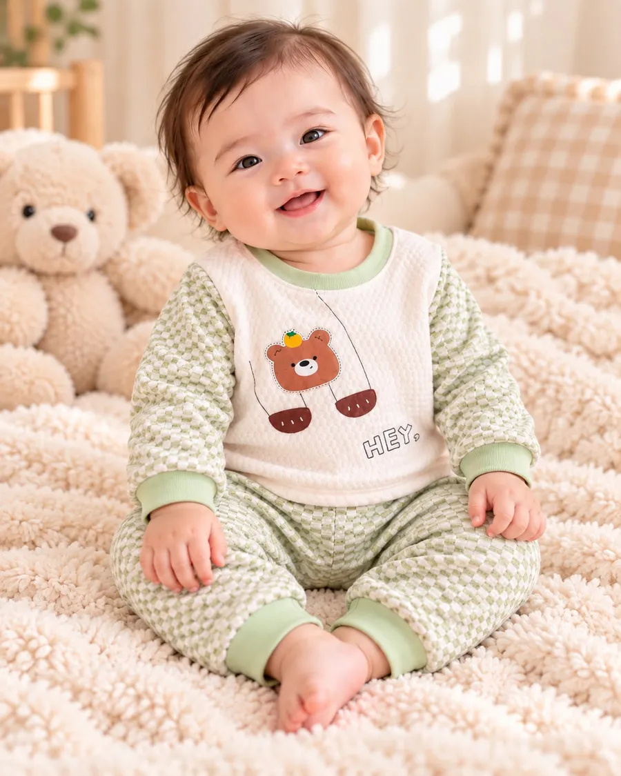 LEMCE Meadow Bear green checked cotton baby suit with bear appliqué, full front view on infant