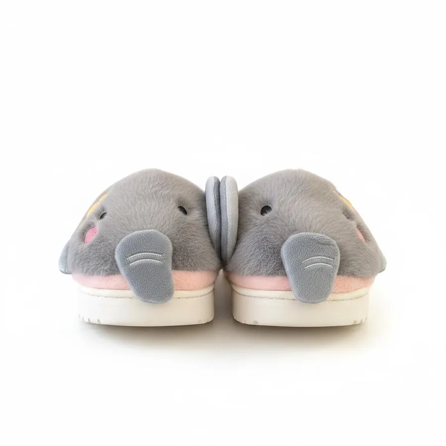 LEMCE Cloudstep grey pink plush elephant slipper pair showing sole and front views