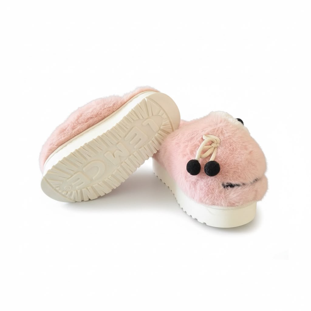 LEMCE Cloudstep pink plush faux fur slippers pair showing sole and cherry pom-pom detail side view