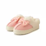 LEMCE Cloudstep pink plush faux fur slipper pair with bow detail side view