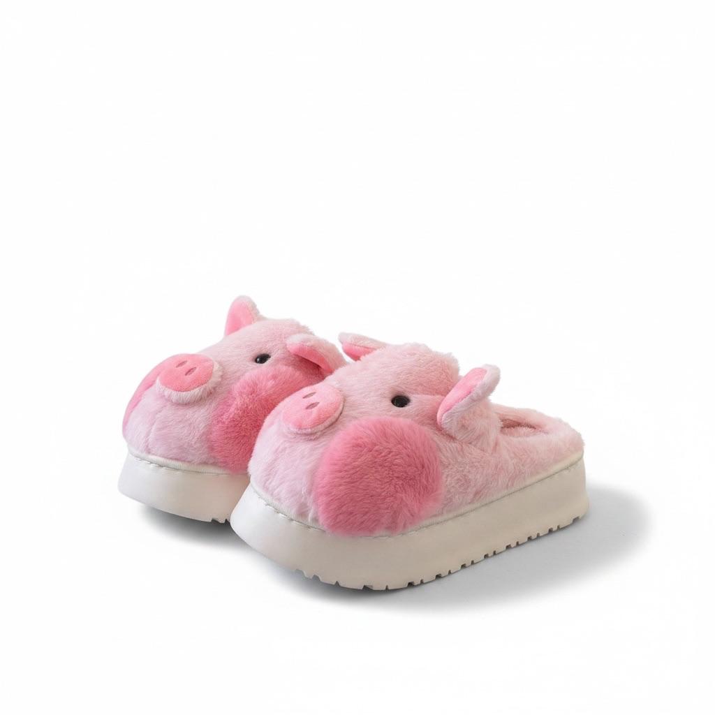 LEMCE Cloudstep pink plush pig novelty slippers pair angled view cushioned white sole