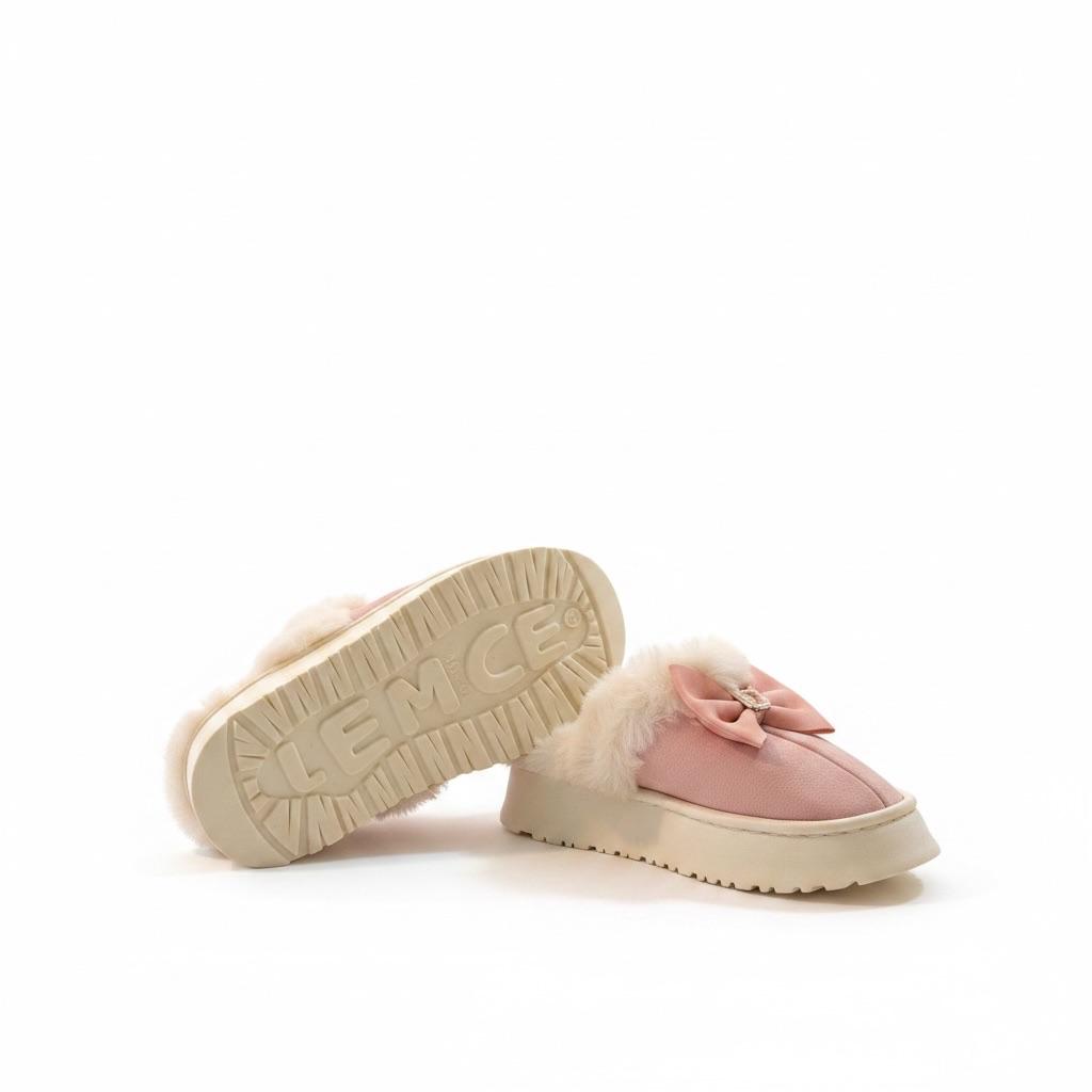 LEMCE Cloudstep pink plush slippers pair showing sole and bow detail side view