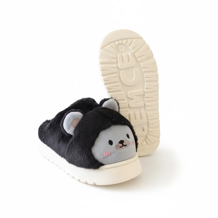 LEMCE Cloudstep black plush bear slipper pair showing sole and side view on white background