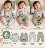 LEMCE Sage Cub 4-piece soft cotton baby suit set sage green bear print full view