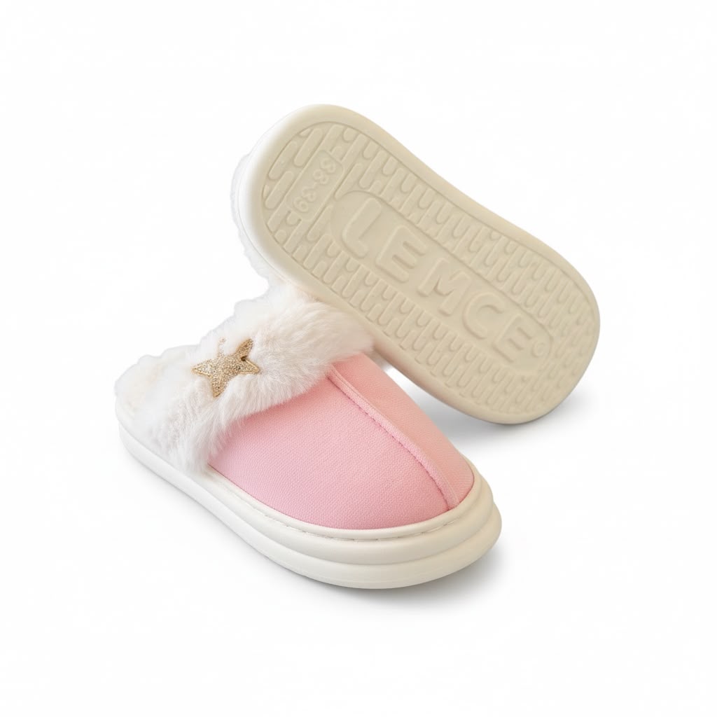 LEMCE Cloudstep pink plush faux fur slipper pair showing sole and top view white background