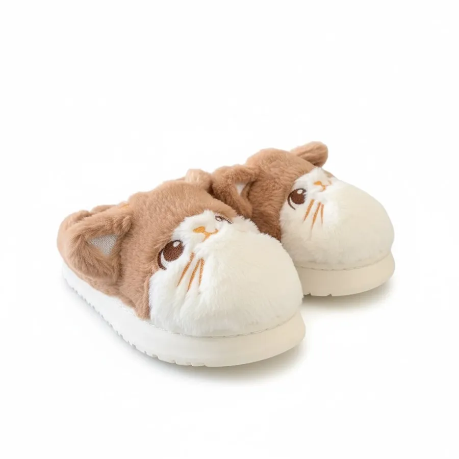 LEMCE Cloudstep plush slippers pair beige brown cat face fluffy EVA sole side view