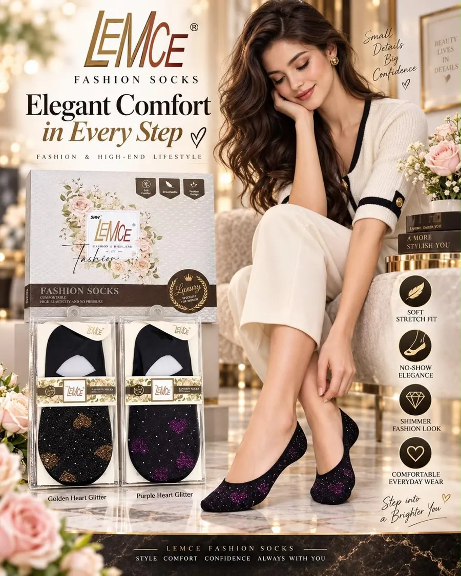 LEMCE Noir Elegance black shimmer no-show footies with glitter heart detail on woman's feet