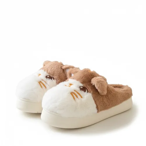 LEMCE Cloudstep plush slippers brown white fluffy cat face EVA sole pair side view